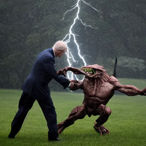 Image similar to a predator monster battling joe biden on the white house lawn during a storm, dramatic