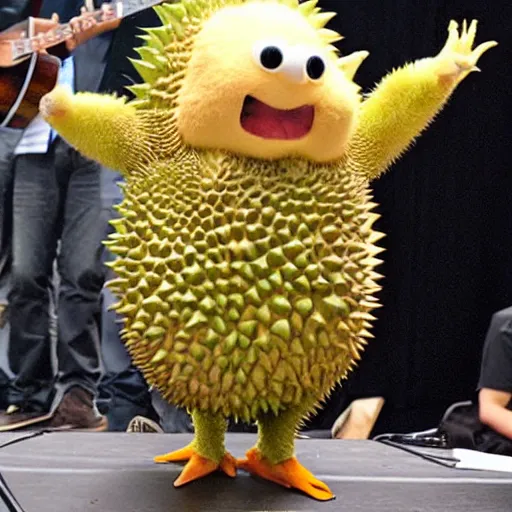 Prompt: anthropomorphic durian on stage, singing