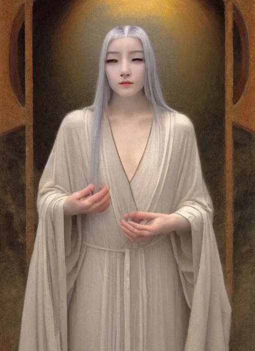 Image similar to thin young beautiful girl with silver hair, pale!, wearing robes, wearing hair, female goddess, pale smooth, young cute wan asian face, silver robes!!, oil on canvas by jean delville, 4 k resolution, aesthetic!,