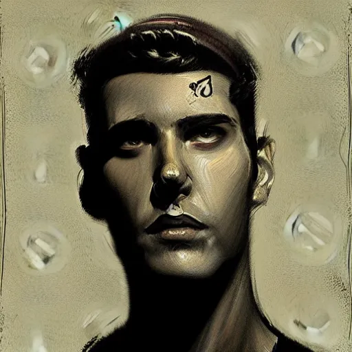 Image similar to portrait painting of a science fiction character art radio operator, retrowave noir, in the style of casey baugh and theo van rysselberghe, hyper realistic face, photorealistic face