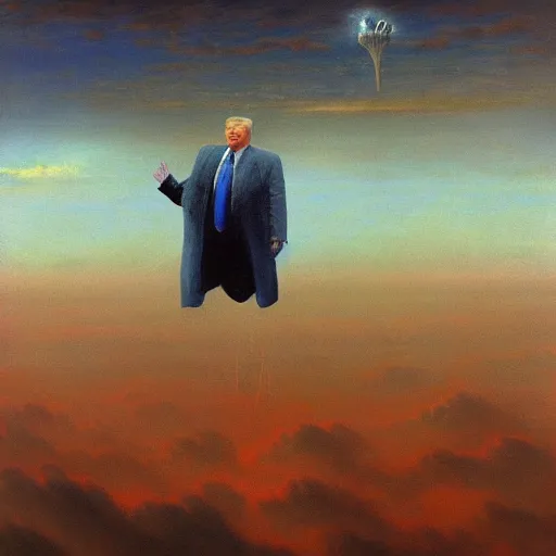 Image similar to Donald Trump, flying in the sky menacingly amongst the clouds, painted by Beksinski