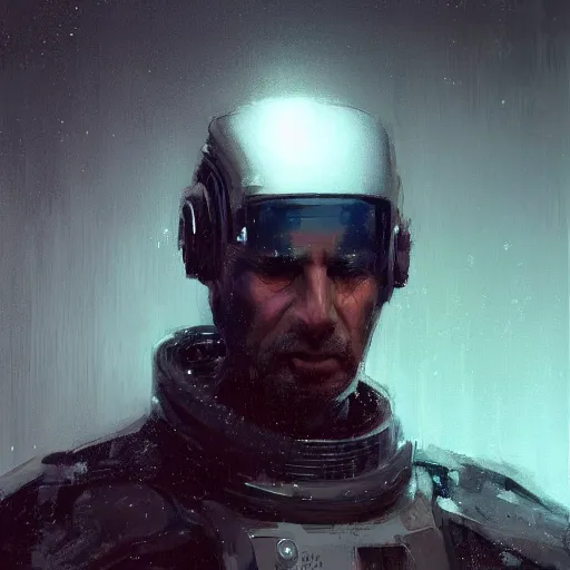 Prompt: Portrait of a man by Greg Rutkowski, he is about 50 years old, polish and persian mixture, messy black short hair, tall and slim, tired expression, respectable authority figure, he is wearing a futuristic space gear, highly detailed portrait, scifi, digital painting, artstation, concept art, smooth, sharp foccus ilustration, Artstation HQ.