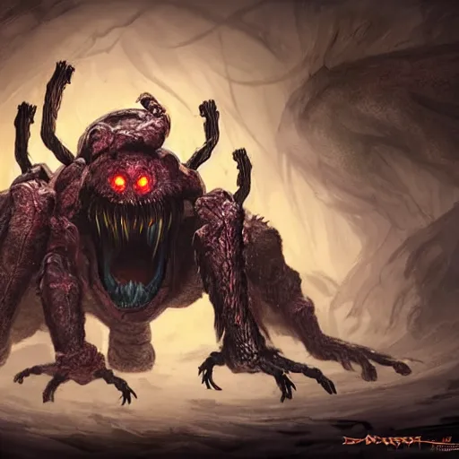 Image similar to d & d monster, huge spider monster covered in bulging eyes, dark fantasy, concept art, character art