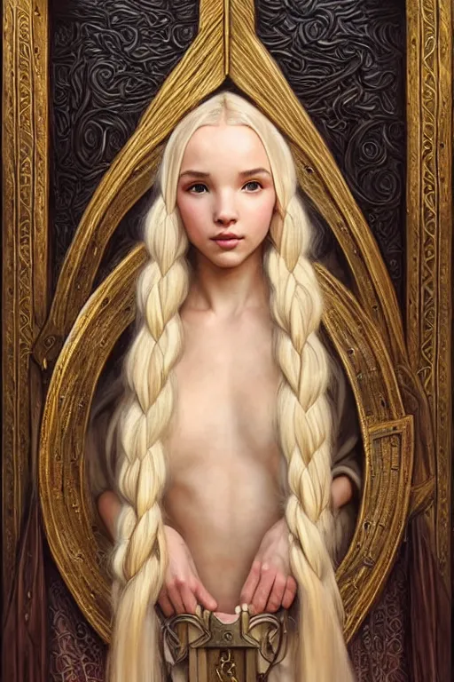 Prompt: beautiful cottagecore mage blonde braided hair dove cameron sealing a portal gate, heavy cloak, gold accents, leather jerkin, castle town, fantasy character portrait, ultra realistic, intricate, elegant, highly detailed, digital painting, artstaion, smooth, sharp, focus, illustration, art by artgerm and greg rutkowski and alphonse mucha