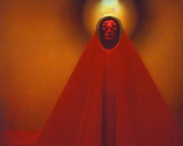 Prompt: devotion to the scarlet woman, priestess in a conical hat, coronation, ritual, sacrament, by francis bacon, beksinski, ( bosch ), mystical redscale photography, opulence, luxury, maximalism.