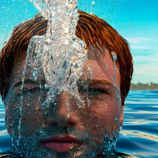 Image similar to a giant water sculpture of a human head on the ocean water, cinematic, in the style of chad knight, long shot, hyper detailed, hyper realistic, ray tracing, 8 k resolution, sharp focus, realistic water, award winning
