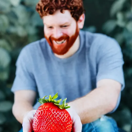 Prompt: a man with curly auburn hair, smiling, holding a giant strawberry, portrait, realistic photography, soft focus, natural lighting