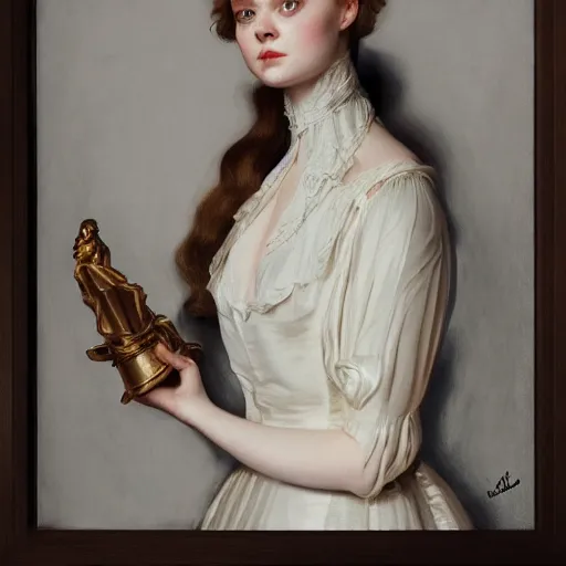 Prompt: Elle Fanning in a dark room, artstation, by J. C. Leyendecker and Peter Paul Rubens, Extremely detailed. 4K. Award winning.