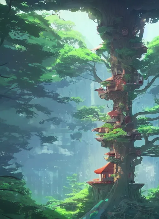 Image similar to a cute house in a giant tree, nuclear powered, detailed, futuristic, cory loftis, james gilleard, atey ghailan, makoto shinkai, goro fujita, studio ghibli, rim light, exquisite lighting, clear focus, very coherent, plain background