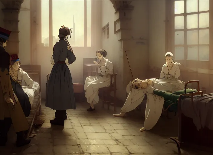 Image similar to 1 8 5 4 crimea, florence nightingale, army hospital in scutari, overcrowded, filthy, blocked drains, broken toilets, rats, wounded soldiers, sleep dirty floor, no blankets, finely detailed perfect art, gapmoe yandere grimdark, trending on pixiv fanbox, painted by greg rutkowski makoto shinkai takashi takeuchi studio ghibli