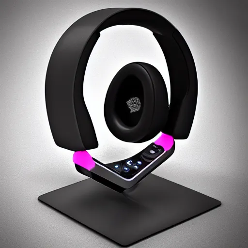 Image similar to wireless headphone stand, futuristic, techno, cyberpunk, product design, 3 d render, concept, fun, swag