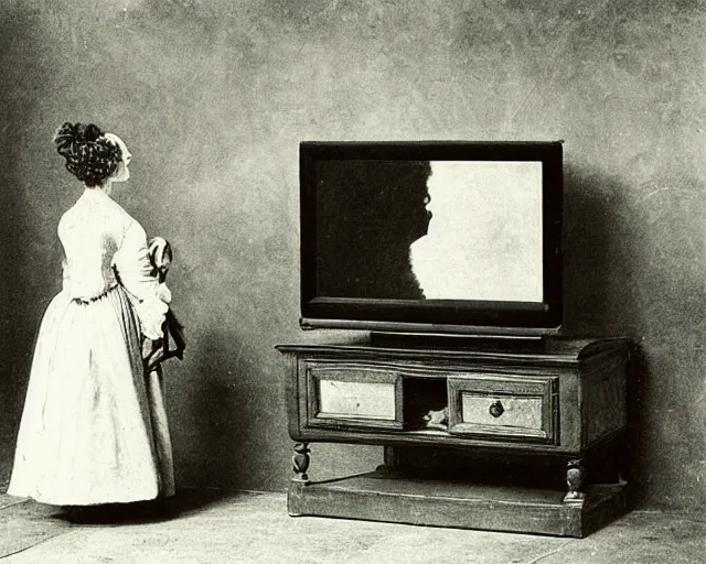 Image similar to 1 7 0 0 s photo of a person watching a flat screen hd tv