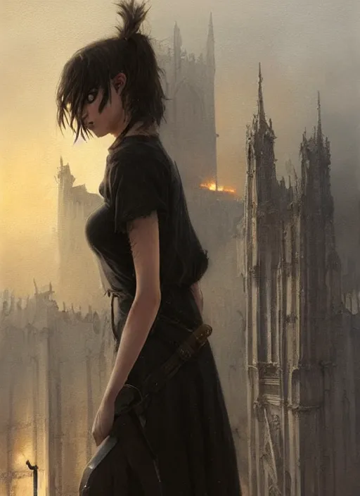 Prompt: a teenage girl with very short dark hair and a tattered grey cloak. she stands on top of a building in a gothic fantasy city. the sky has a red glow and ash is falling. beautiful painting by greg rutkowski