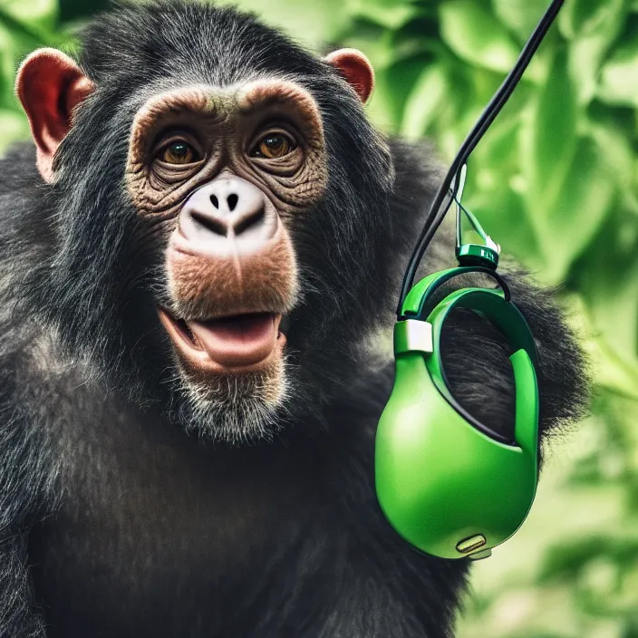 Image similar to a high quality photo of a green chimp wearing headphones, realism, 8k