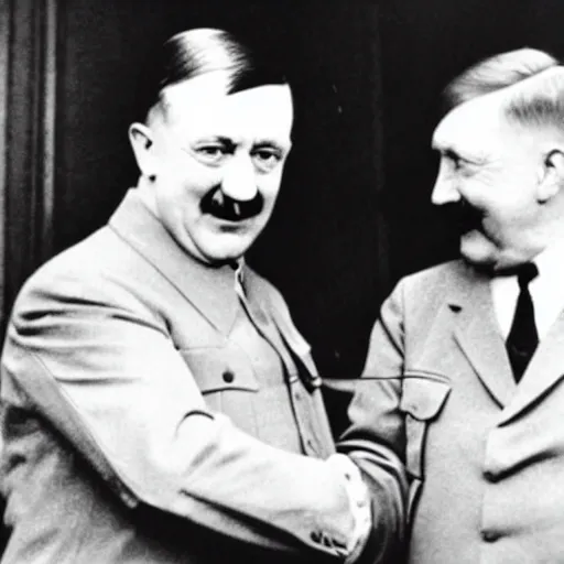 Image similar to Adolf Hitler shaking hands with Donald Trump in the oval office, press-photo, smiling, detailed