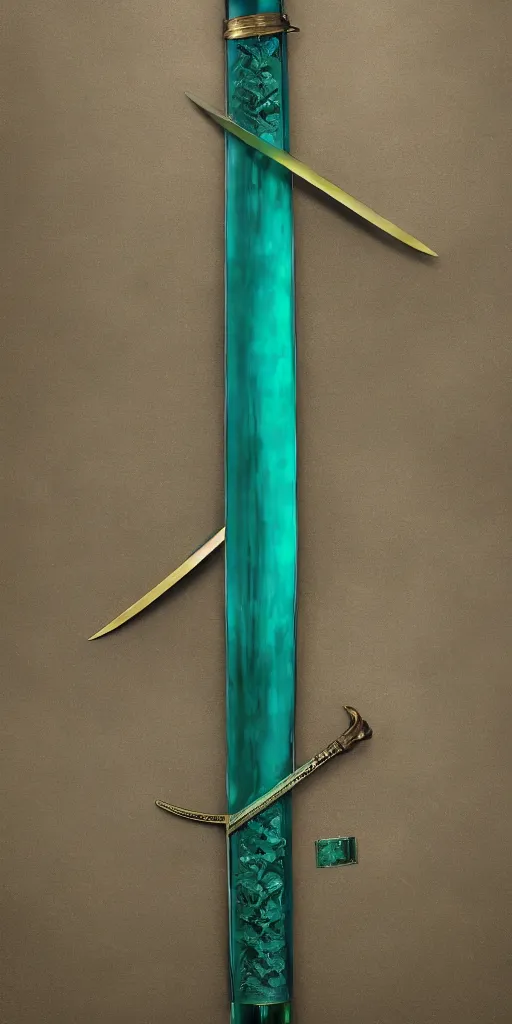 Image similar to photograph of a wide green and teal crystal sword blade attached to a big gold sword hilt