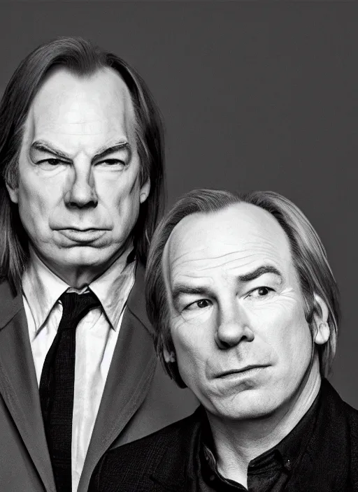 Image similar to portrait of michael mckean and bob odenkirk, baroque portrait, realistic, serious, dark backround