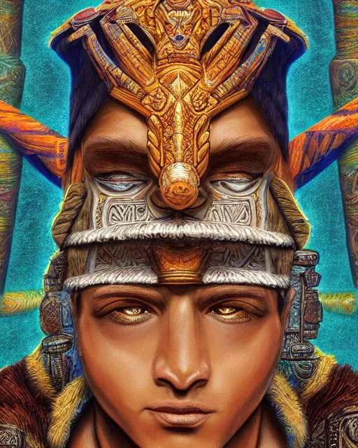 Prompt: digital painting of kinich ahau, mayan sun god, by filipe pagliuso and justin gerard, symmetric, fantasy, highly detailed, realistic, intricate, portrait, sharp focus, tarot card