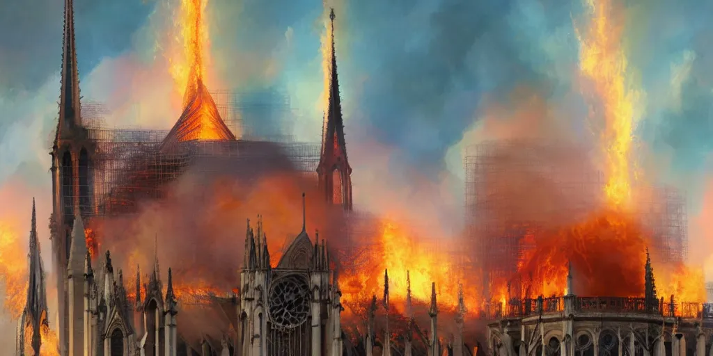 Prompt: fire engulphs the Notre Dame de Paris, abstract art by Makoto Shinkai