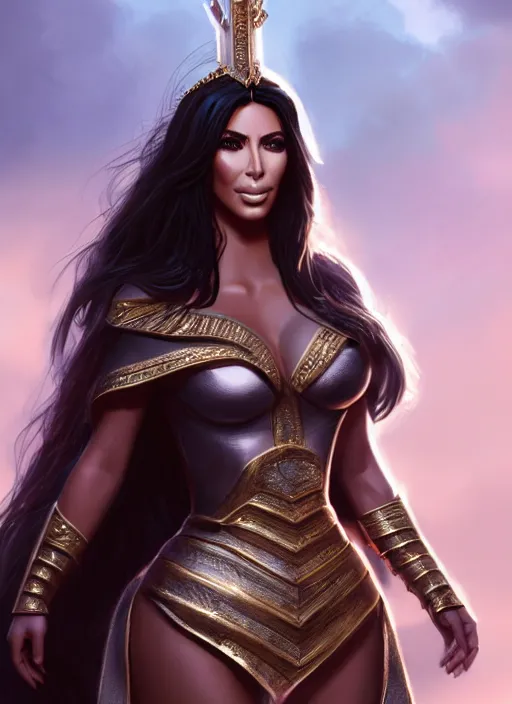 Image similar to kim kardashian as a warrior princess, detailed face, full body, concept art, rim lighting, stanley lau, detailed, sharp focus, trending on artstation