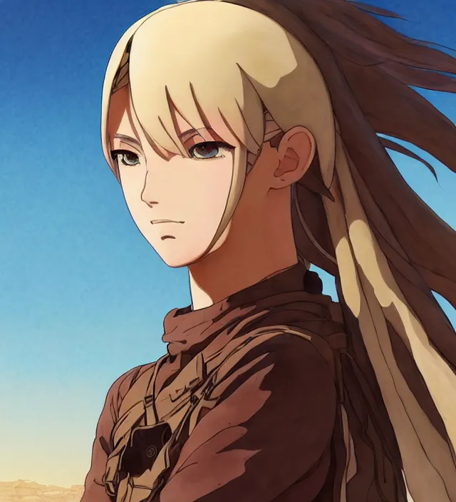 Prompt: portrait of a beautiful desert warrior, desert setting, finely detailed features, perfect art, anime illustration, trending on pivix fanbox, art by makoto shinkai, studio ghibli, takashi takeuchi, hajime isayama.