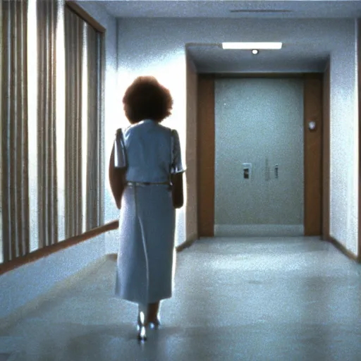 Image similar to cinematic shot from a 1 9 8 5 thriller, a woman hears a voice in her head, apartment design, movie directed by stanley kubrick, color theory, leading lines, photorealistic, volumetric lighting w 9 6 0