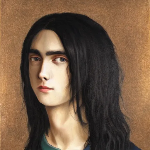 Prompt: painting of a long black haired boy! teenager!! with a black sweater, renaissance!!! painting!!!, ultra detailed, masterpiece