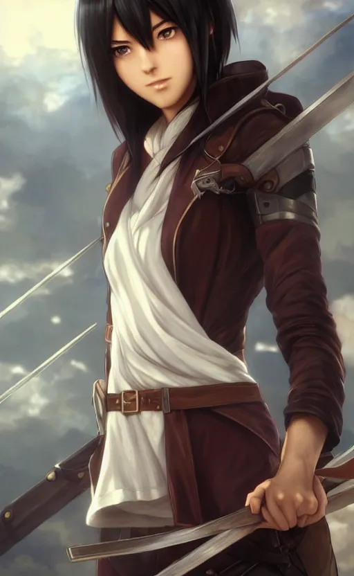 Image similar to mikasa ackerman, hero pose, medium shot, bokeh, beautiful face!!!!, 2 7 years old, cg animation, lifelike, animated, realistic, character select portrait, by artgerm, greg rutkowski, alphonse mucha, 3 d