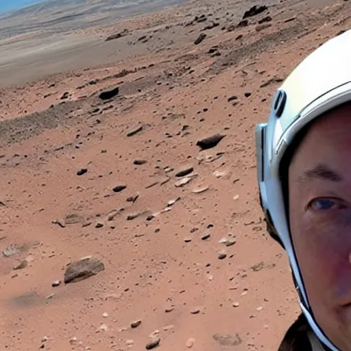 Image similar to Elon musk selfie with background futuristic house on mars, focus detailed