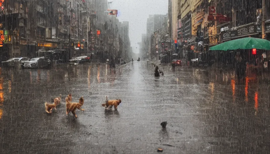 Prompt: its raining kittens and puppies in the most unusual storm ever, surprised people running for cover, some trying to catch the kittens, chaos in the city, high quality, high details, panoramic