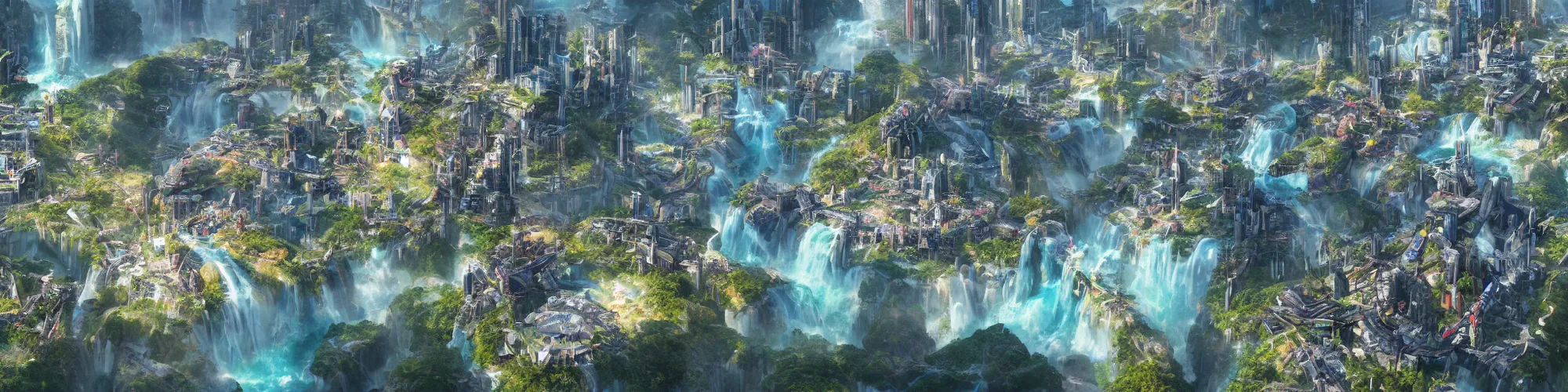 Prompt: Aerial map of a futuristic eco-city on top of a giant waterfall, D&D, fantasy, brightly colored buildings, highly detailed, digital painting, artstation, smooth, sharp focus, illustration, art by greg rutkowski studio ghibli, cinematic,