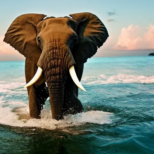 Prompt: nature photo of elephant taking a bath in the ocean