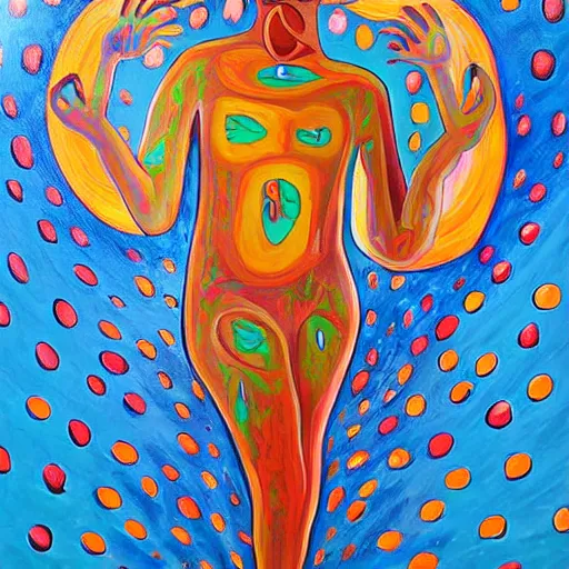 Image similar to my body is floating but real conected to the earth, painting in the style of pablo amaringo