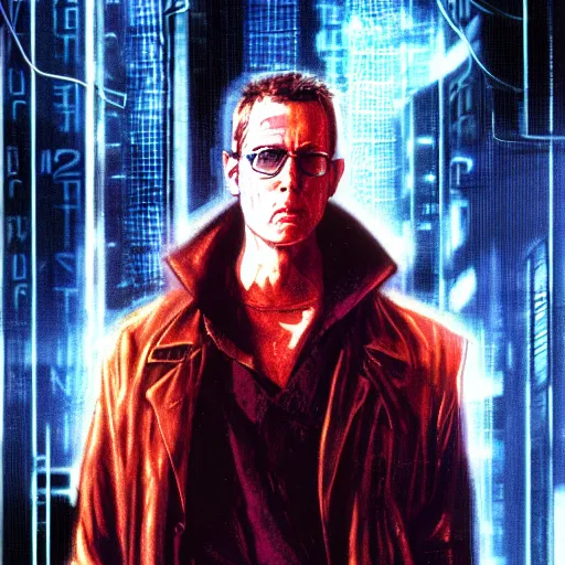 Image similar to Case from the novel Neuromancer, addicted, heavy smoker, portrait shot, wires, cyberpunk, movie illustration, poster art by Drew Struzan