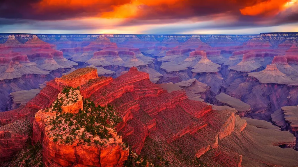 Image similar to amazing landscape photo of a grand canyon in sunset by marc adamus, beautiful dramatic lighting