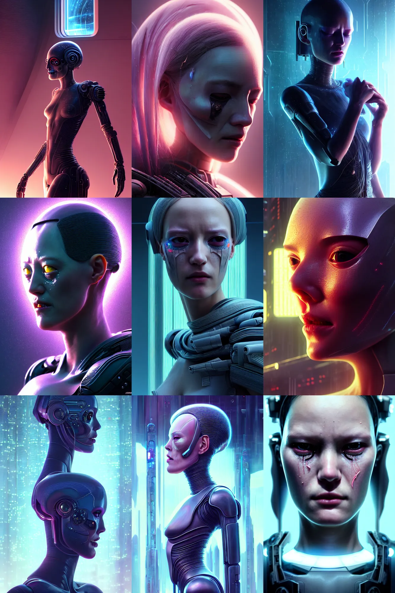 Prompt: beautiful crying! female android!, side! portrait, intricate detailed environment, photorealistic!, octane render, concept art, cinematic lighting, interstellar hyper realism, sharp, cyberpunk, bladerunner, 8 k, el dia los muertos! by angus mckie, moebius, maciej kuciara, stanley lau, artgerm, greg rutkowski