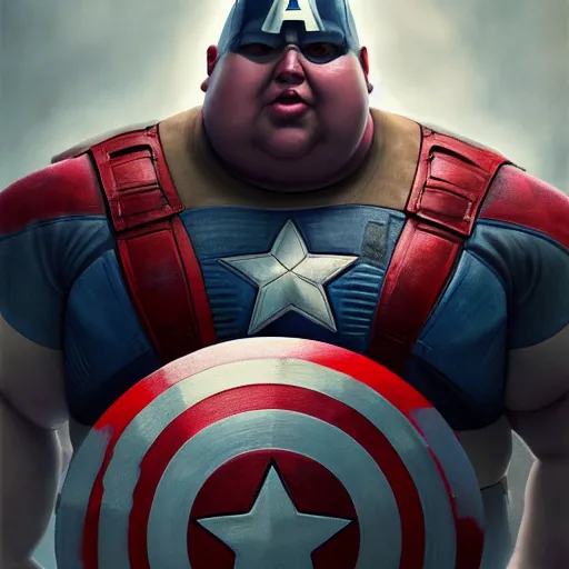 Image similar to hyperrealistic mixed media image of a morbidly obese captain america, stunning 3 d render inspired art by istvan sandorfi and greg rutkowski, perfect facial symmetry, realistic, highly detailed attributes and atmosphere, dim volumetric cinematic lighting, 8 k octane extremely hyper - detailed render, post - processing, masterpiece,