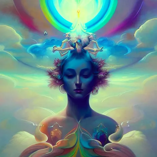 Image similar to psychedelic angelic celestial being artwork of peter mohrbacher, ilya kuvshinov ayahuasca, energy body, sacred geometry, esoteric art, rainbow colors, realist, abstract and surreal art styles with anime and cartoon influences divinity