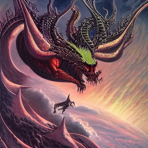 Prompt: an alien dragon demigod descending from the cosmos to consume the earth, by dan seagrave art