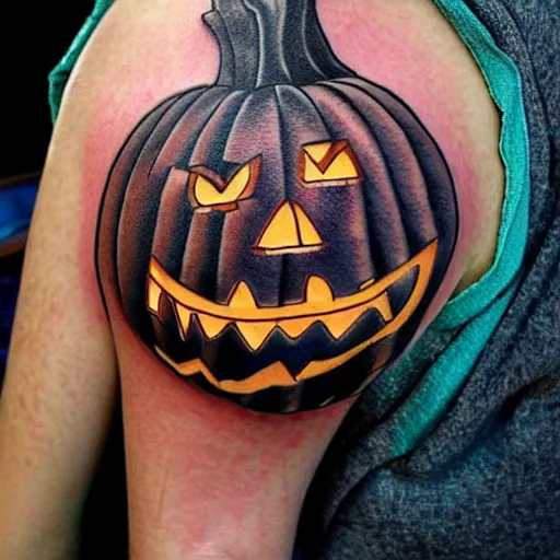 Prompt: cartoon tattoo of a halloween pumpkin with glowing eyes on shoulder with light shading in the background, night time scene in graveyard with full moon and bats flying, mist