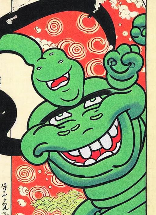 Image similar to slimer as a yokai illustrated by kawanabe kyosai and toriyama sekien