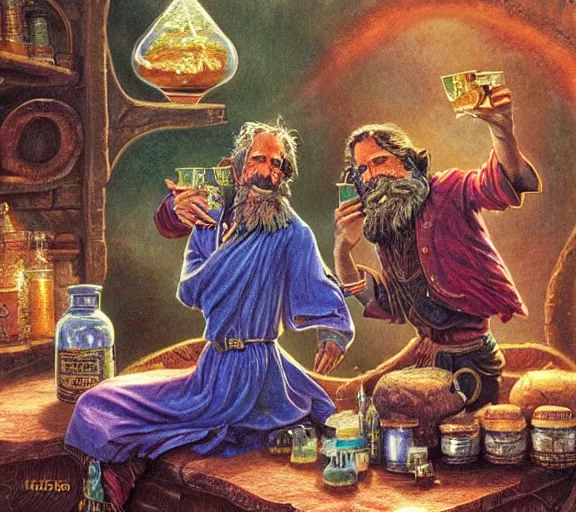 Image similar to A richly detailed fantasy digital art of an ancient vintage apothecary magic arcane nebula healing elixir potion bottle trading card an esoteric blender render by Bob Eggleton, two jolly wizards enthusiastically drinking and imbibing magic potions