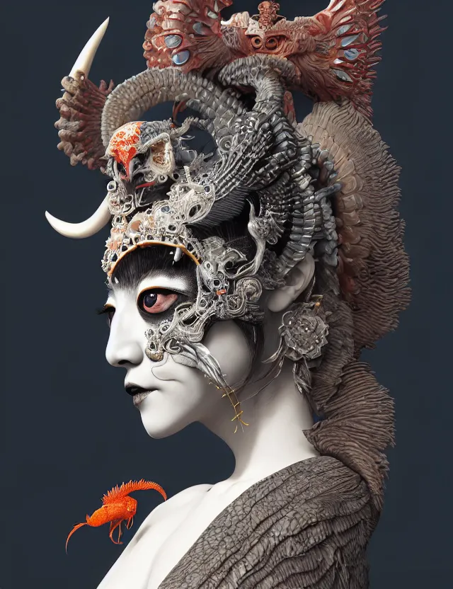 Image similar to 3 d goddess of hell close - up profile portrait with ram skull. beautiful intricately detailed japanese crow kitsune mask and clasical japanese kimono. betta fish, jellyfish phoenix, bio luminescent, plasma, ice, water, wind, creature, artwork by tooth wu and wlop and beeple and greg rutkowski