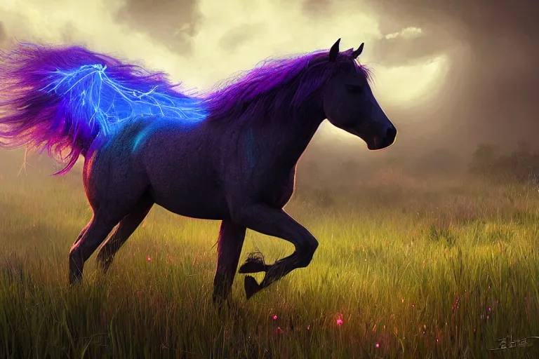 Prompt: a stunning horse with a mane of bioluminescent plants running through a meadow by eddie mendoza ( flowerpunk ), volumetric light, digital art, fine detail, photorealistic