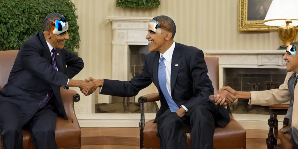 Prompt: A photo of a handshake between barrack obama and shrek inside the white house