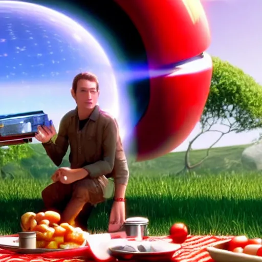 Image similar to a hyperrealistic octane render of max from flight of the navigator and hal 9 0 0 0 having a picnic, unreal engine, 8 k, ultrarealistic, photorealism