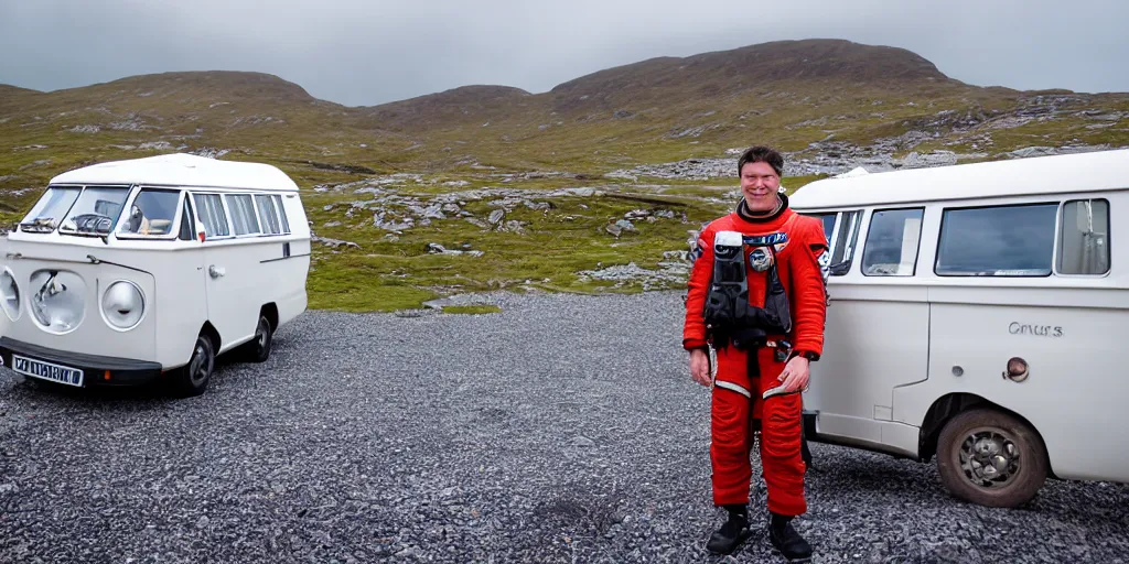 Prompt: tourist astronaut standing in the Isle of Harris, Scotland, a campervan in the background, 35 mm lens, photorealistic