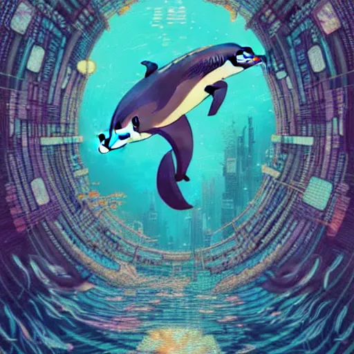 Image similar to a beautiful hyperdetailed character design 4 k wallpaper illustration of a cute dolphin, victo ngai cyberpunk style, from china, style of studio ghibli, makoto shinkai, raphael lacoste, louis comfort tiffany, artgerm, james jean, ross tran, chinese style