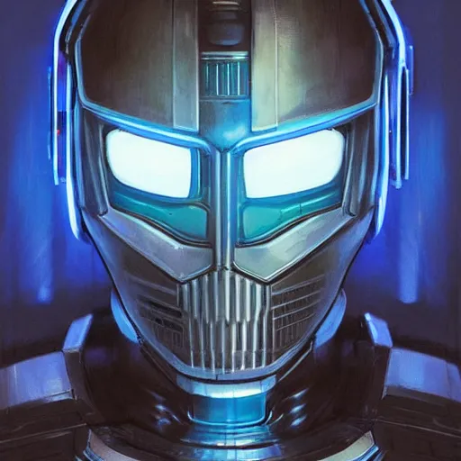 Image similar to robot with glowing blue visor as a realistic scifi cyberpunk knight, closeup portrait art by donato giancola and greg rutkowski, realistic face, digital art, trending on artstation, symmetry!!!