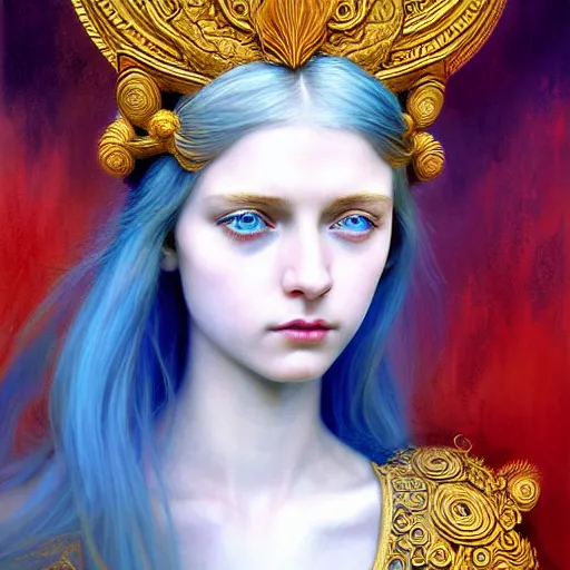 Prompt: young poppy goddess, portrait, blue eyes, beautiful face, long hair, emotionally evoking symbolic metaphor, head in focus, fantasy, ornamental, intricate, elegant, sensual, highly detailed, digital painting, artstation, concept art, smooth, golden ratio, sharp focus, illustration, art by John Collier and Krenz Cushart and Artem Demura and and Greg Rutkowski and Alphonse Mucha and Albert Aublet